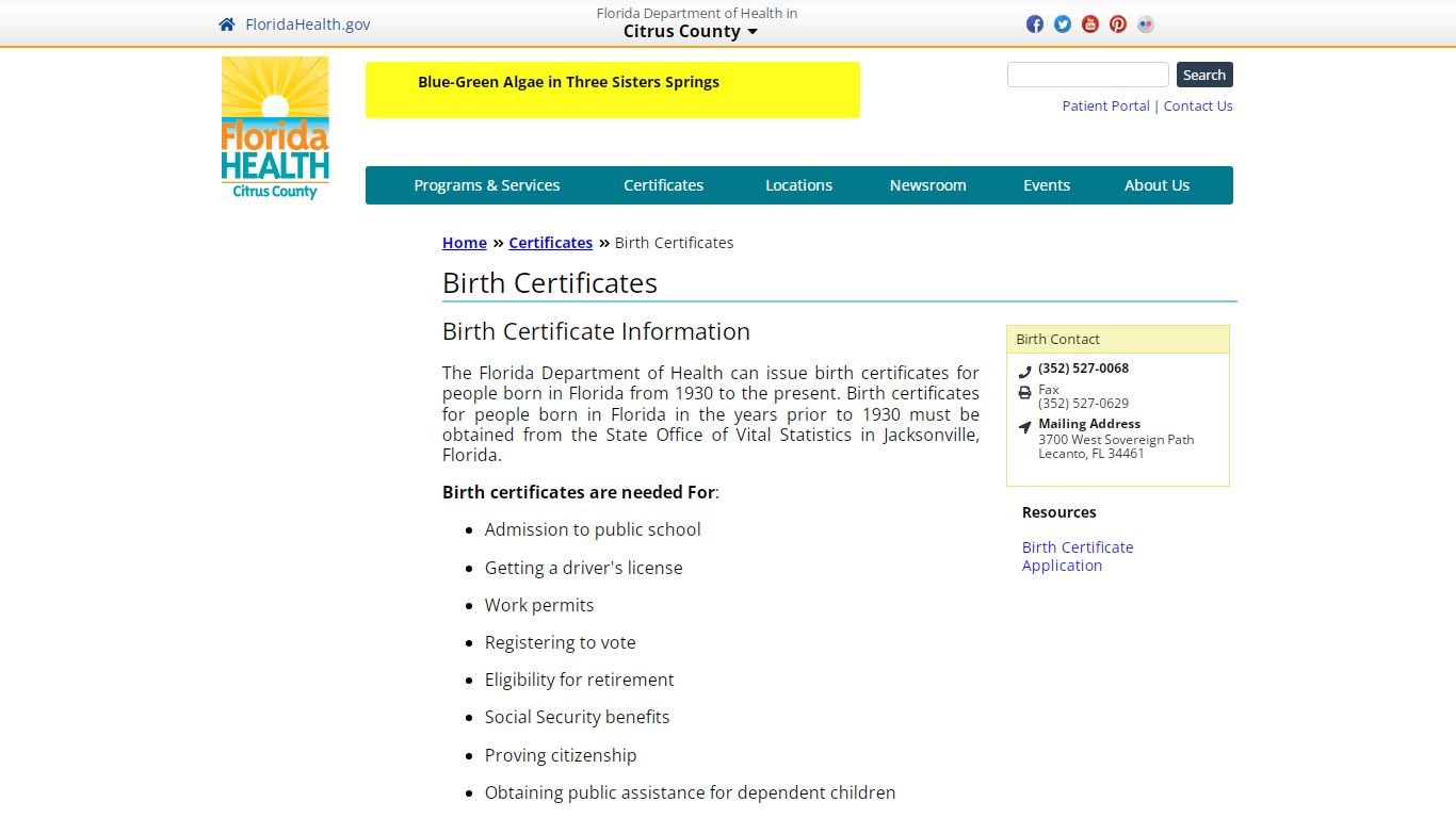 Birth Certificates | Florida Department of Health in Citrus